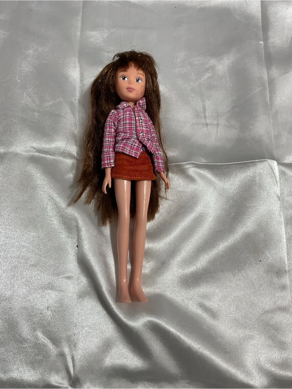 Brown-Haired Fashion Doll with Pink Plaid Shirt and Rust Skirt - Kids Toys